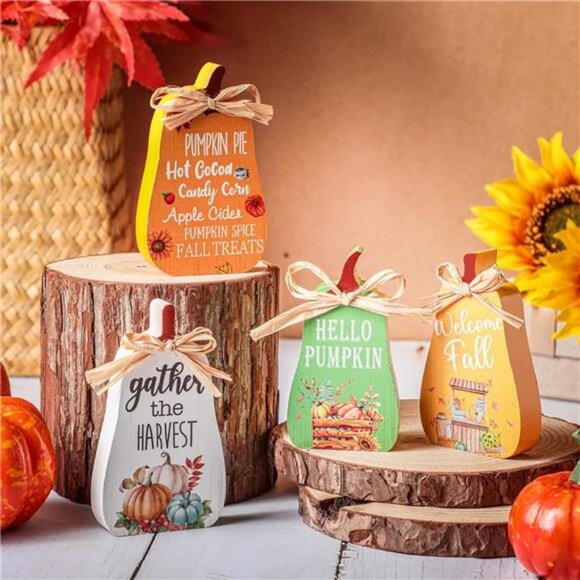 New 4pcs Fall Tiered Tray Decor - Rustic Pumpkins & Signs for Thanksgiving Table - Picture 2 of 8